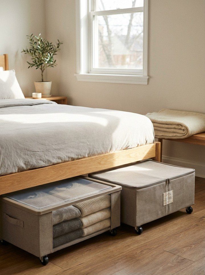 Grey fabric storage bins with wheels stored under a light wood bed frame.
