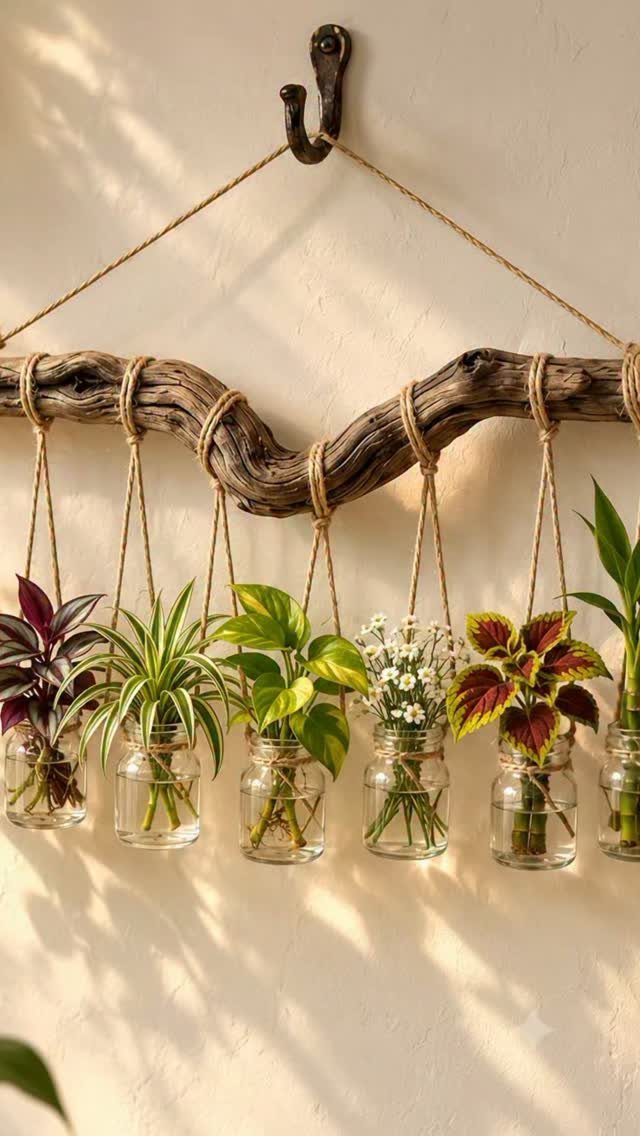 Small plants in glass jars hanging from a rustic wooden branch on a wall
