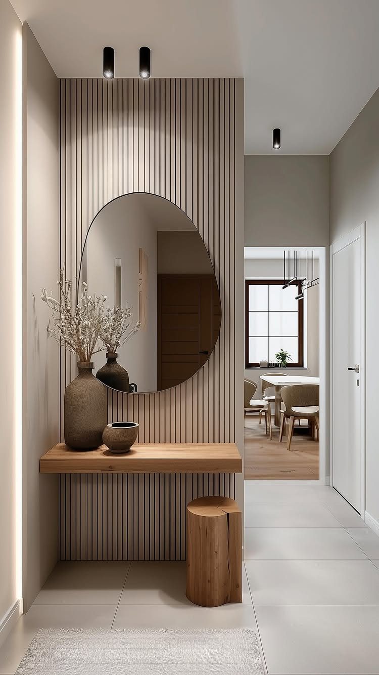 Circular mirror on a slatted wall above a floating wooden entryway shelf.