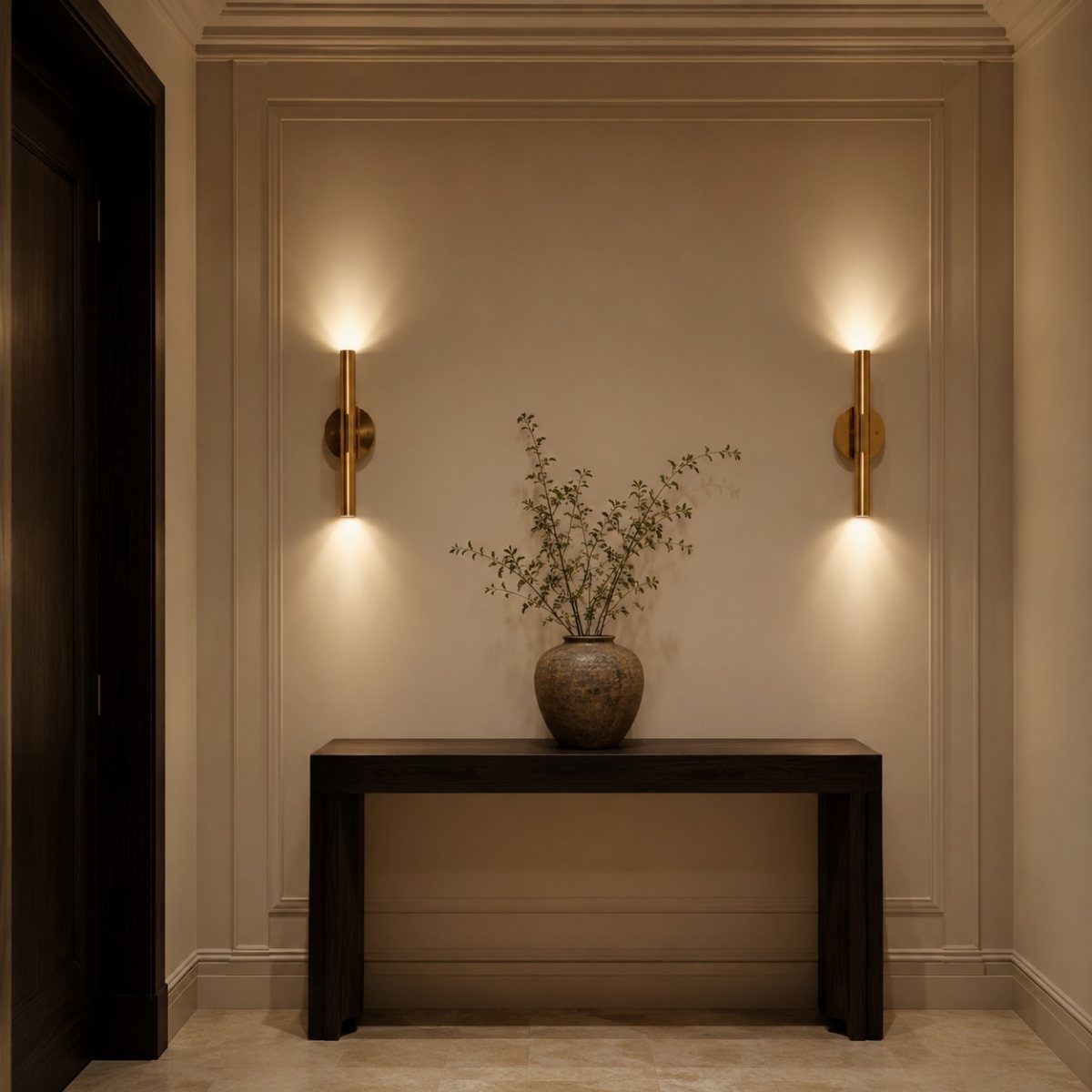Two gold wall sconces illuminating a dark console table with a plant vase.