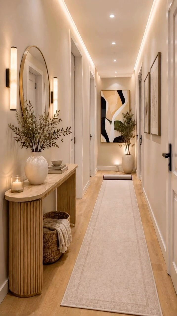 Minimalist entryway with a light wood console table, round mirror, and beige runner rug.