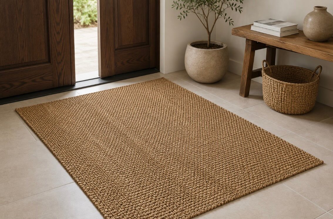 Woven brown jute rug on a light tiled floor in a home entryway