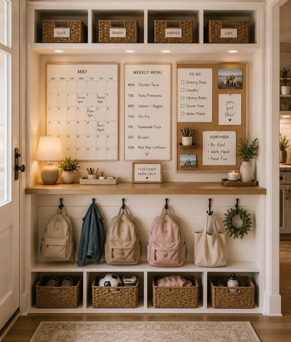 Entryway command center with calendar, menu, backpacks on hooks, and woven storage baskets.