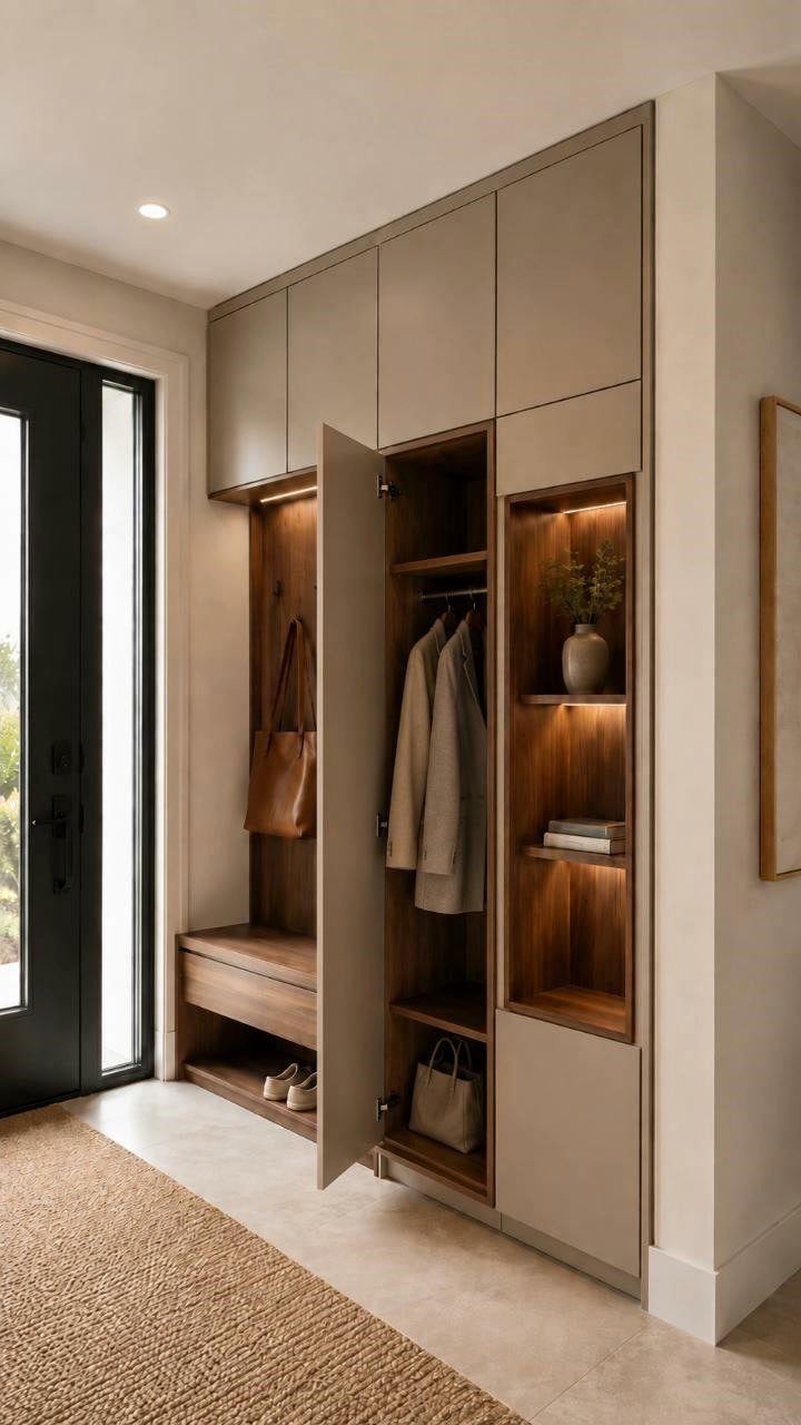 Built-in beige entryway cabinets with integrated lighting, a bench, and coat storage.