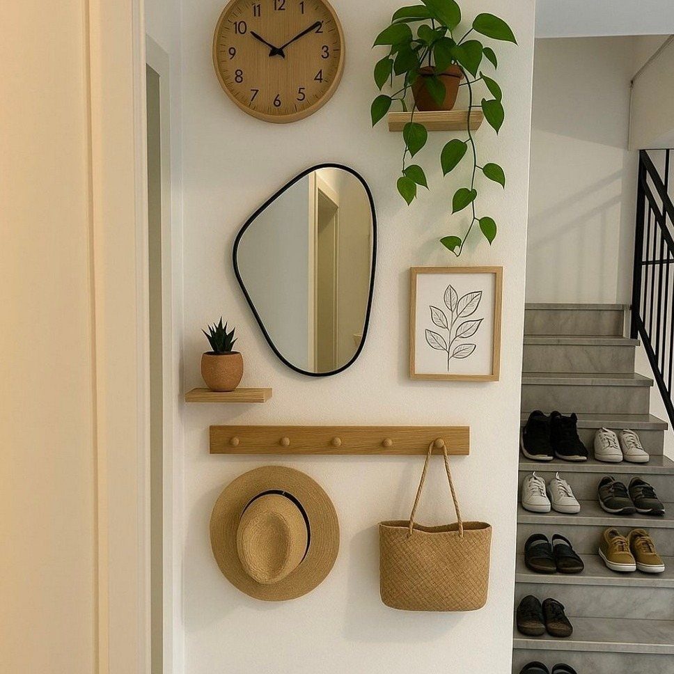 Asymmetrical mirror mounted on a white wall above a wooden peg rail with accessories.