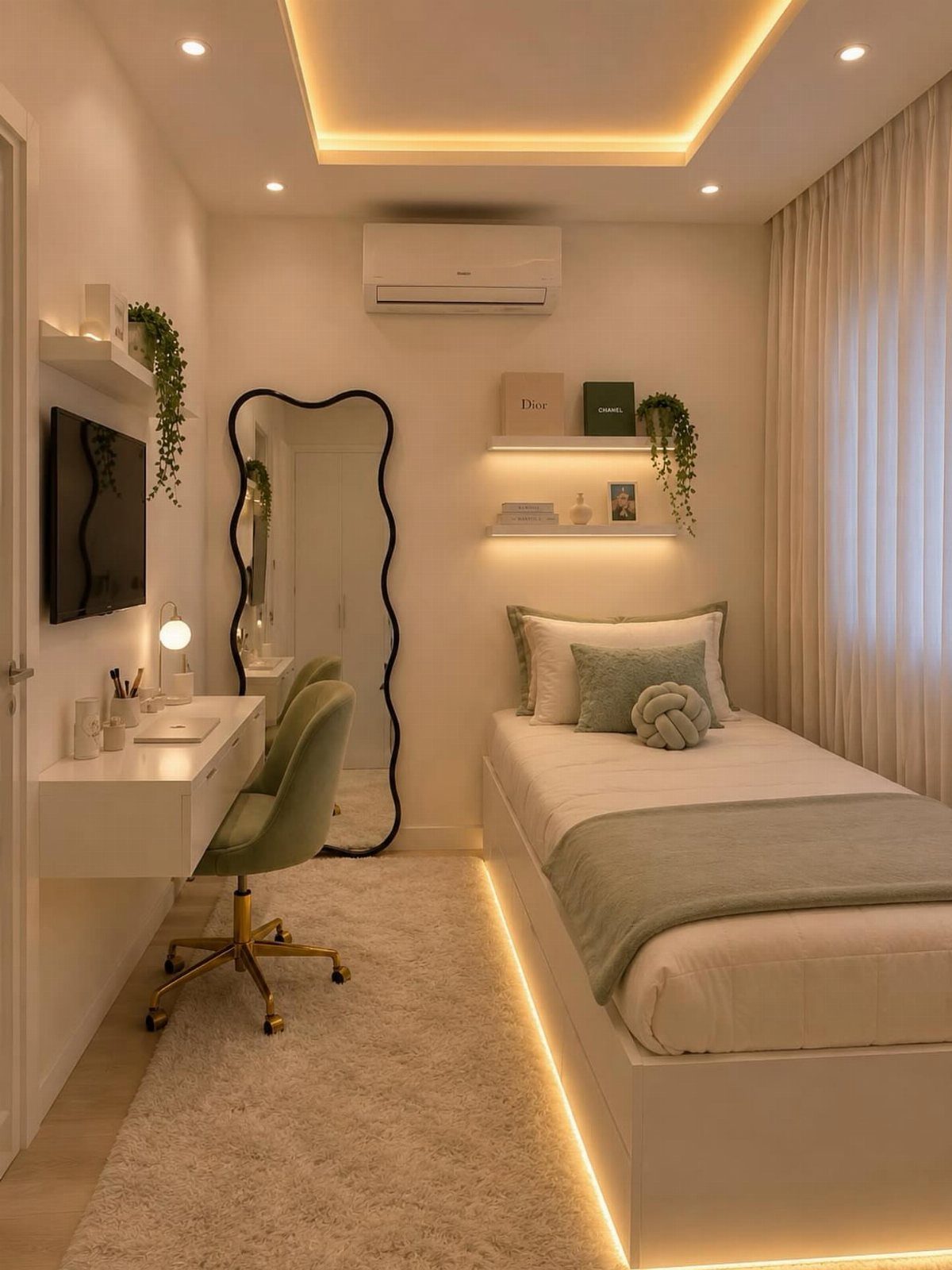Small studio bedroom featuring a large wavy full-length mirror and minimalist white furniture.