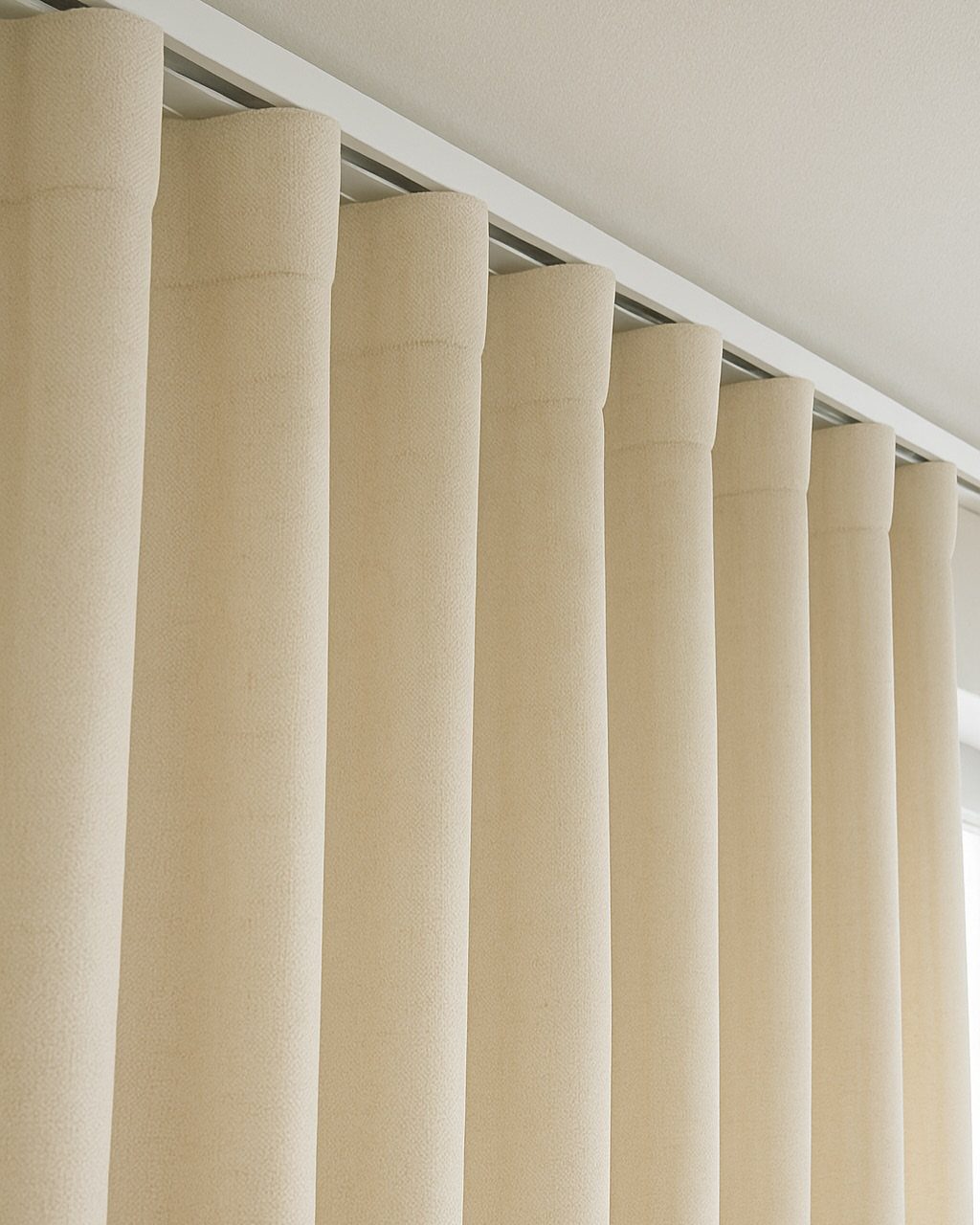 Cream-colored fabric curtains hanging from a white track mounted to the ceiling.