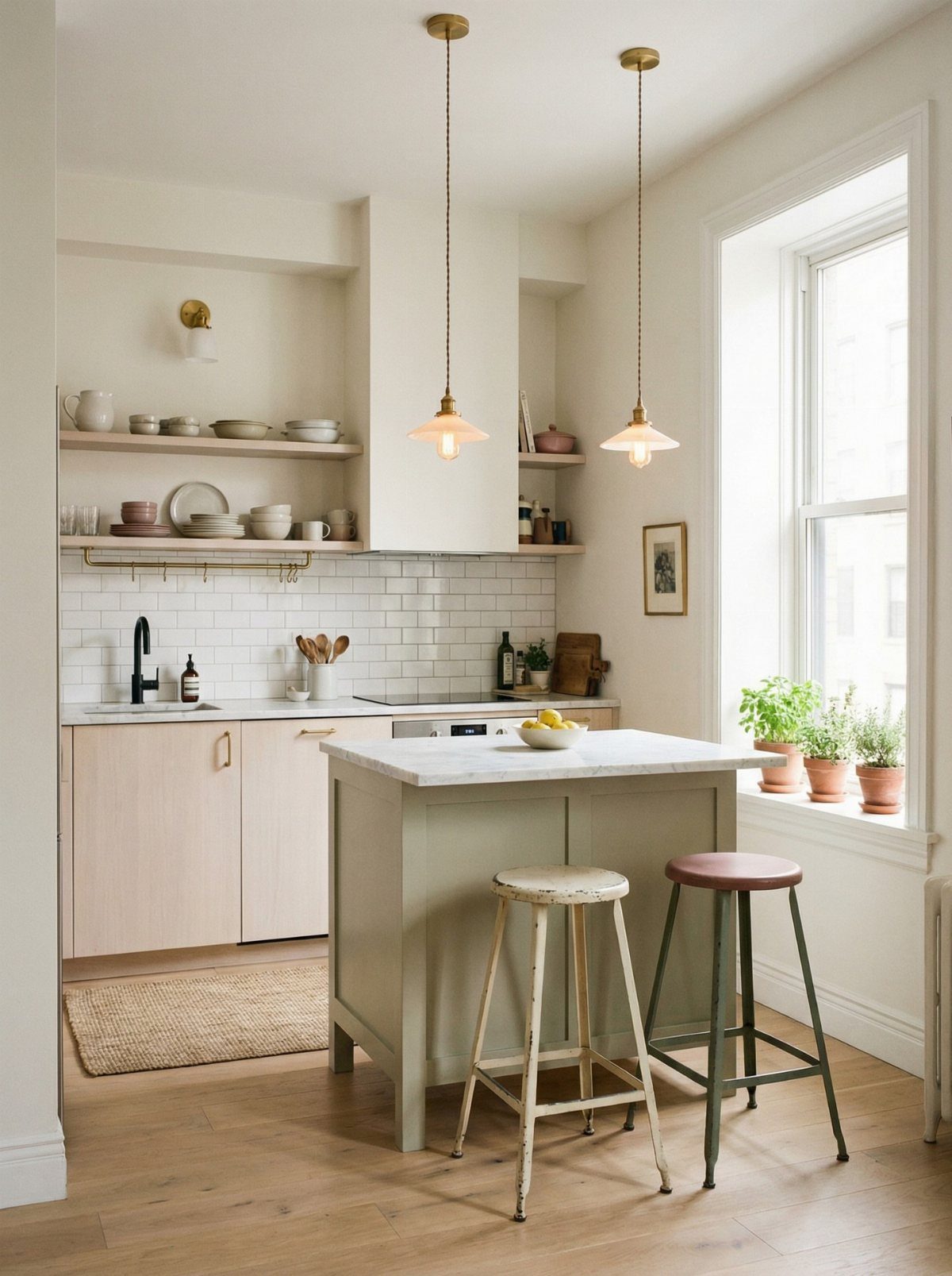 Light green kitchen island with marble top and two wooden stools in bright kitchen