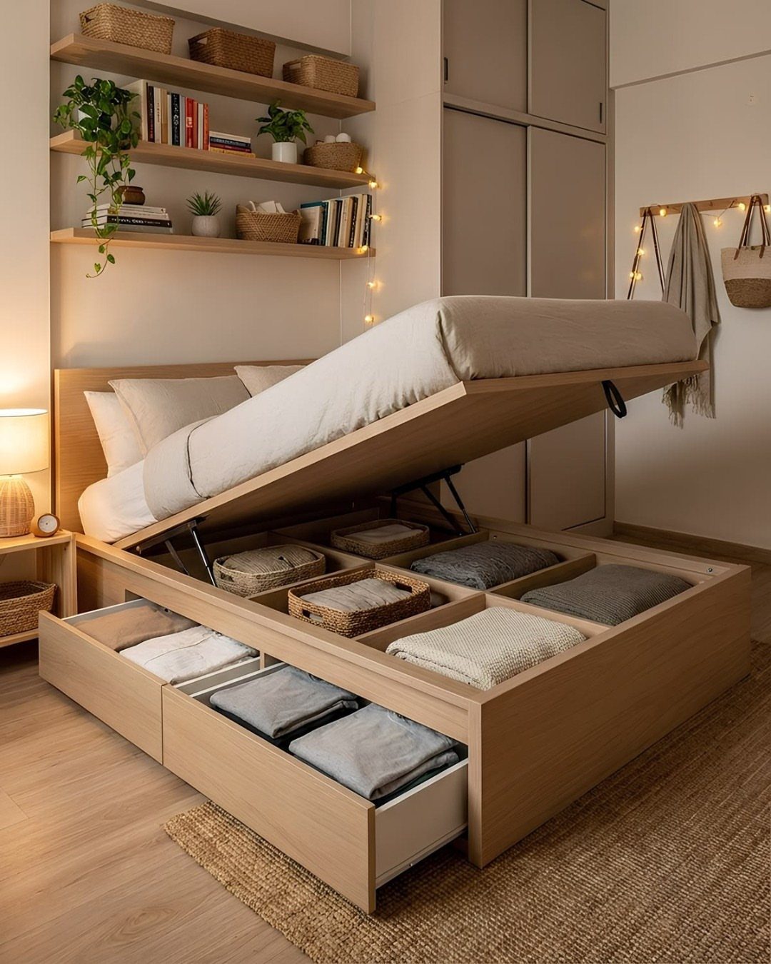 Light wood bed frame with lifted mattress revealing integrated under-bed storage compartments.