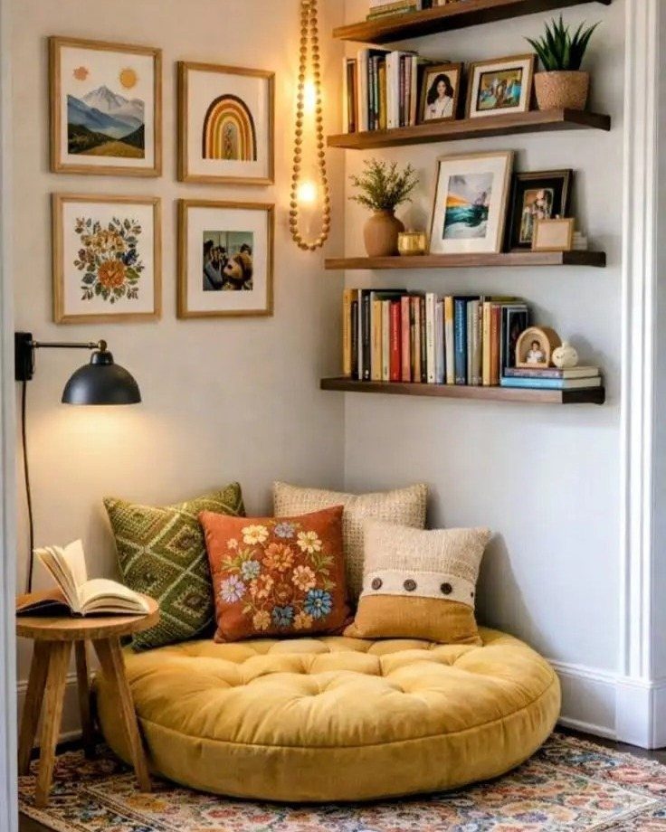 Cozy reading nook with yellow floor cushion, wooden shelves, and framed wall art.