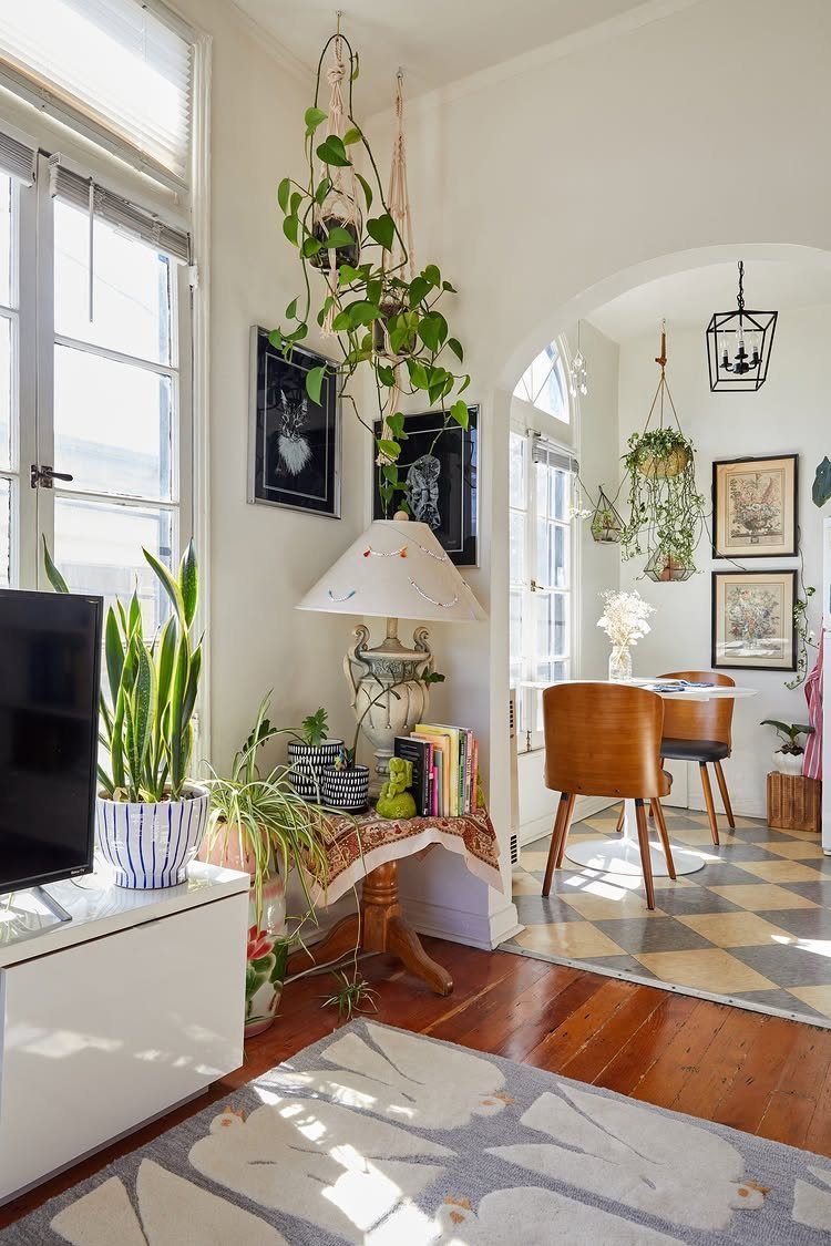 Small studio apartment interior with plants, wooden furniture, and a dining nook.