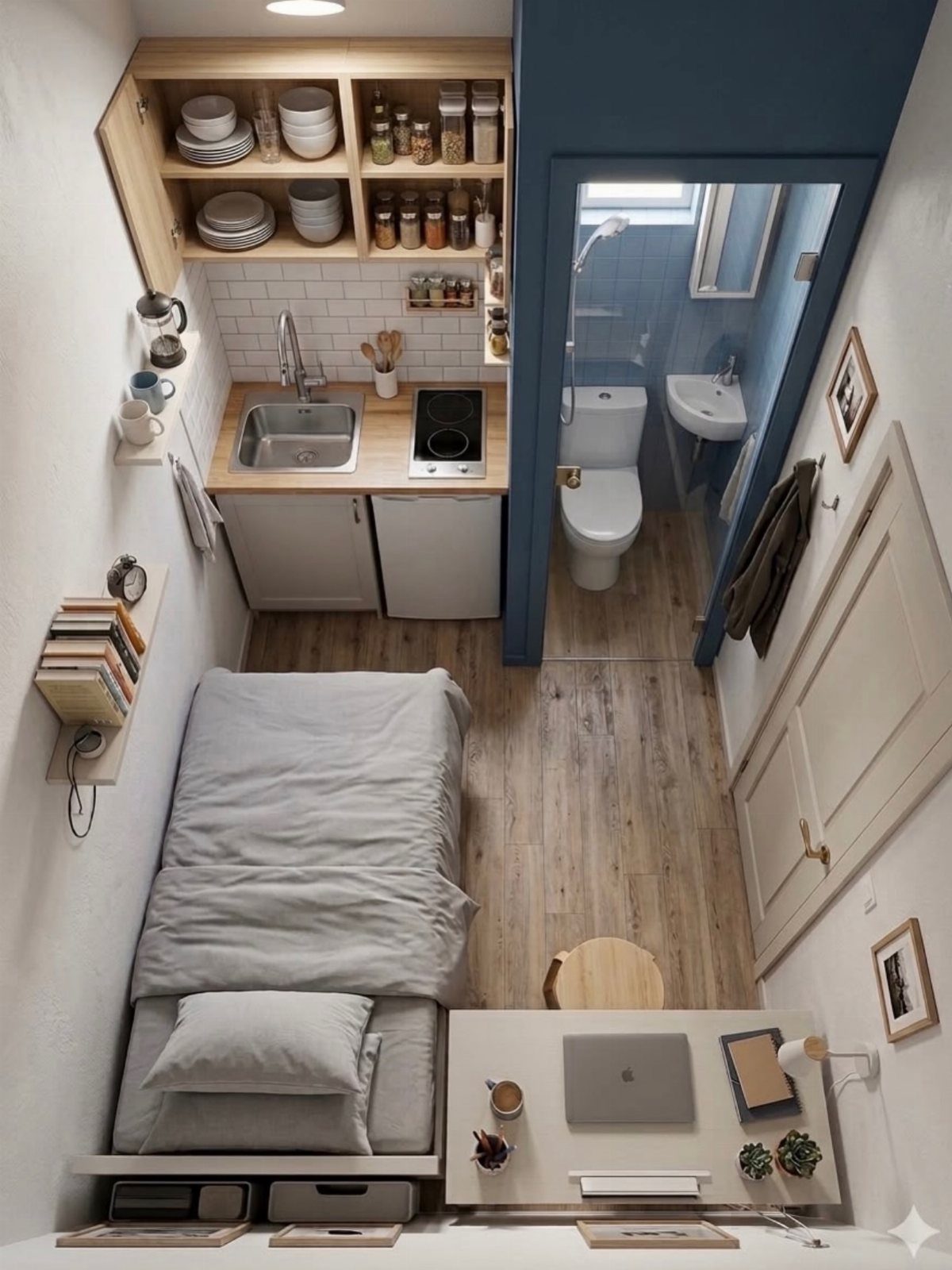 Tiny studio apartment layout with a bed, desk, kitchenette, and small bathroom.