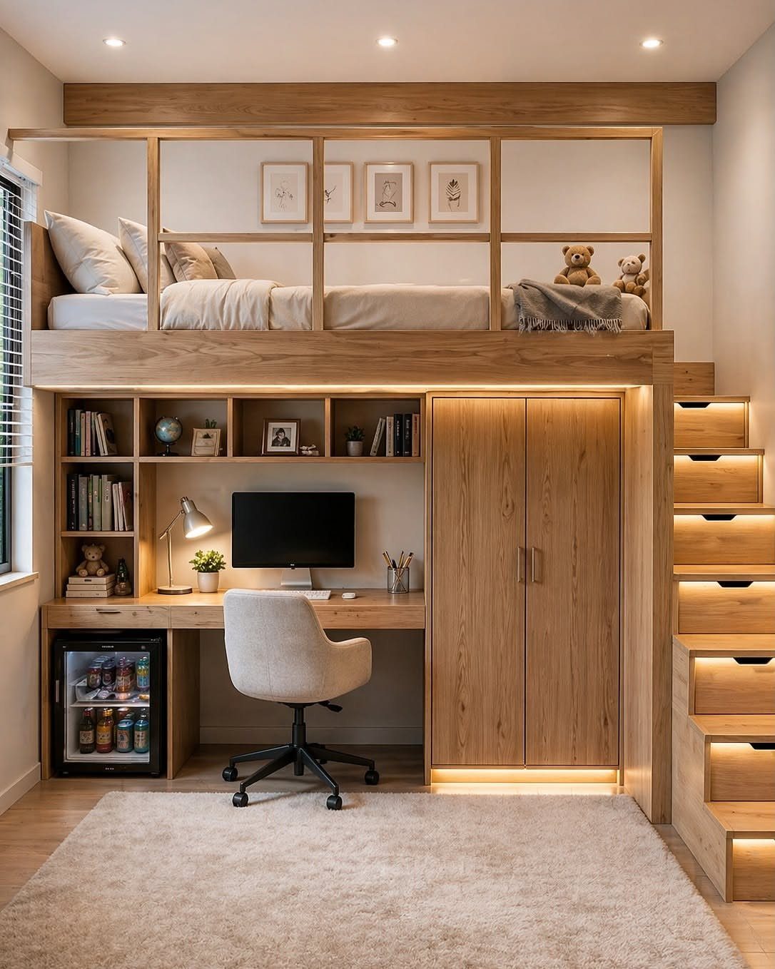 Loft bed with a built-in desk, wardrobe, and stairs in a small room.