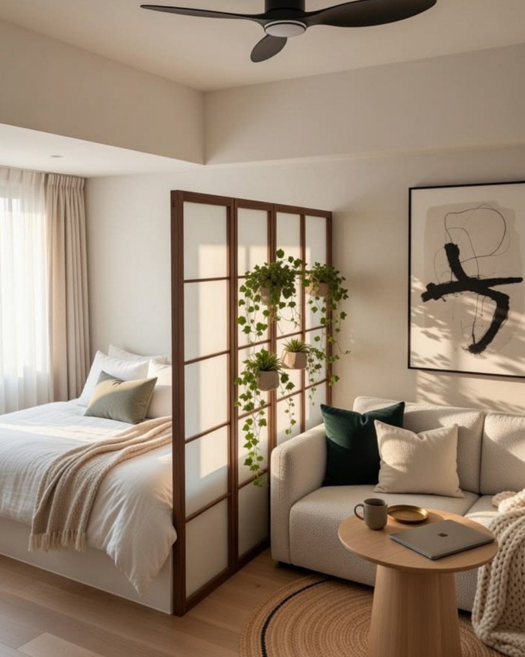 Wooden and frosted glass room divider separating a bed from a living area.