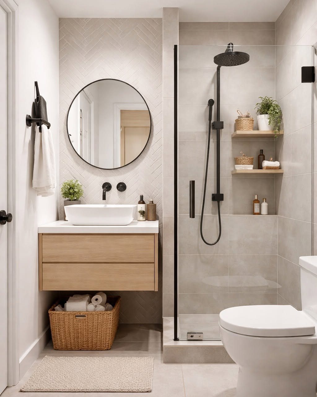 Walk-in shower tucked between three walls with grey tiles and black fixtures.