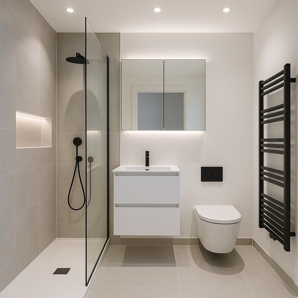 Modern minimalist bathroom with a walk-in shower, floating vanity, and clean geometric lines.