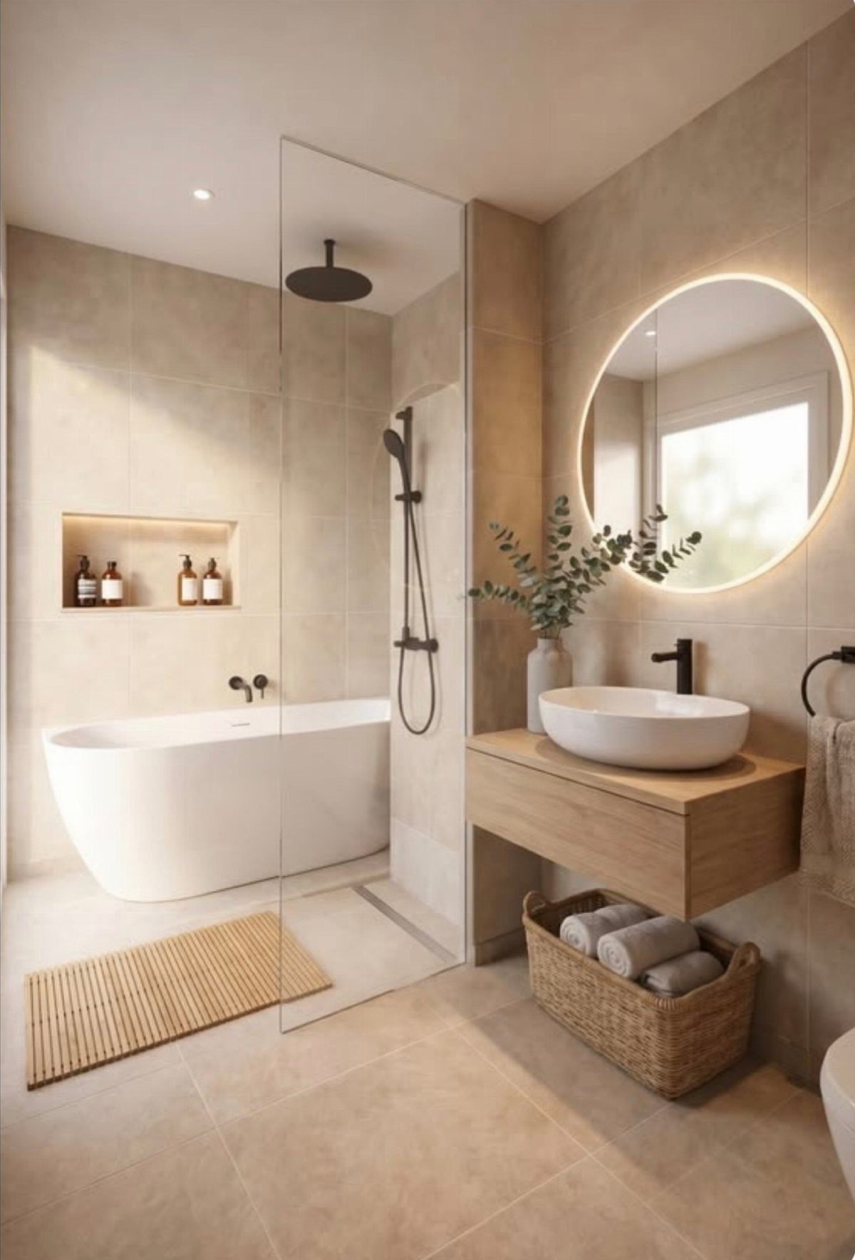 Walk-in shower with a single glass panel next to a freestanding white bathtub.