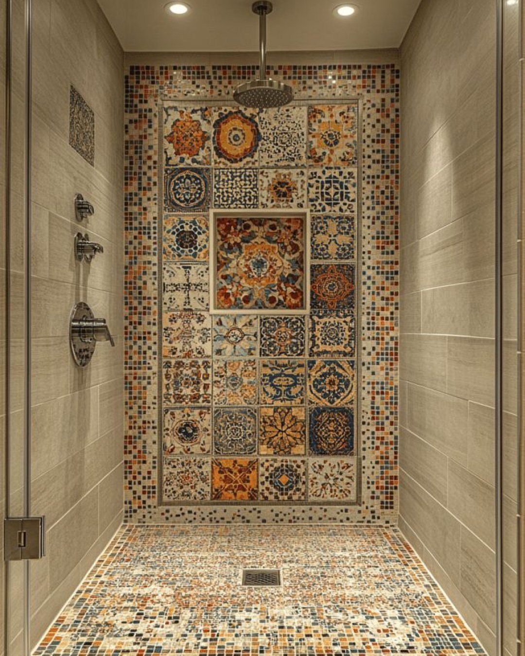 Rain showerhead installed in a shower with colorful mosaic tile accent walls.