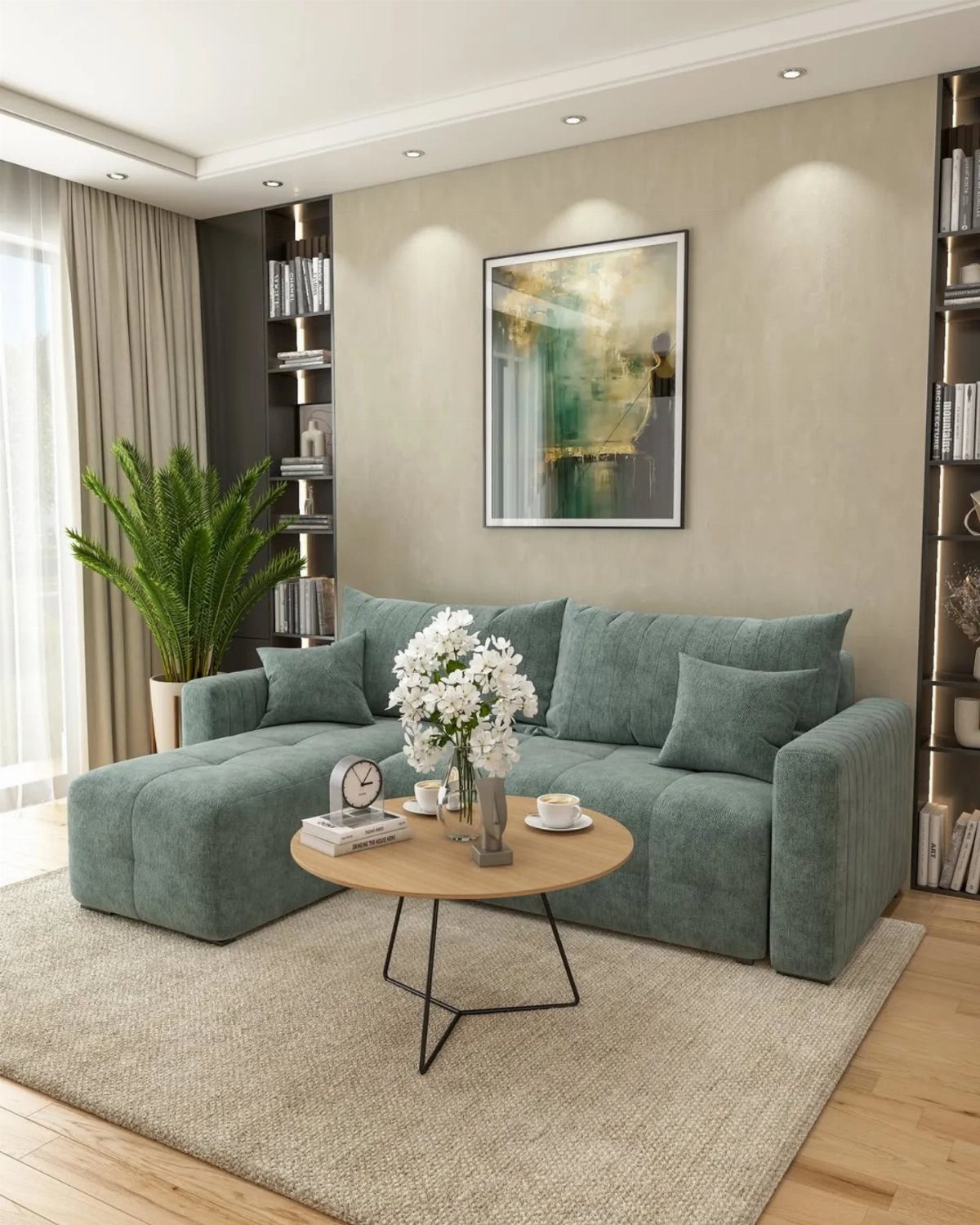 Teal sectional sofa with a chaise lounge in a modern, neutral living room.