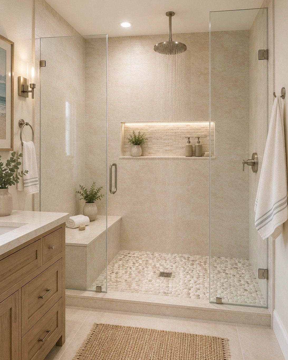 Modern walk-in shower with beige neutral tiles, glass walls, and a built-in bench.