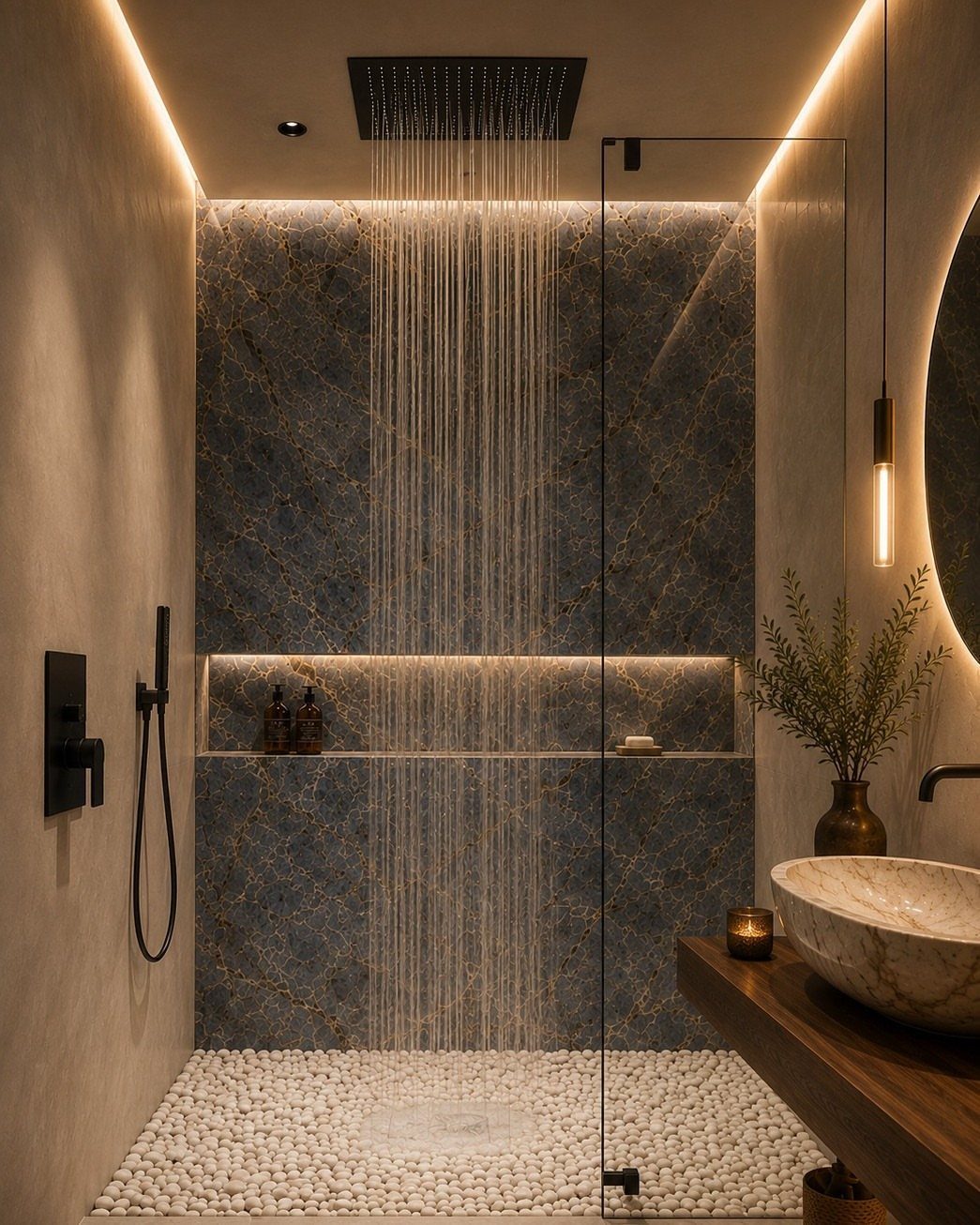 Modern walk-in shower with black fixtures, blue marble walls, and white pebble flooring.