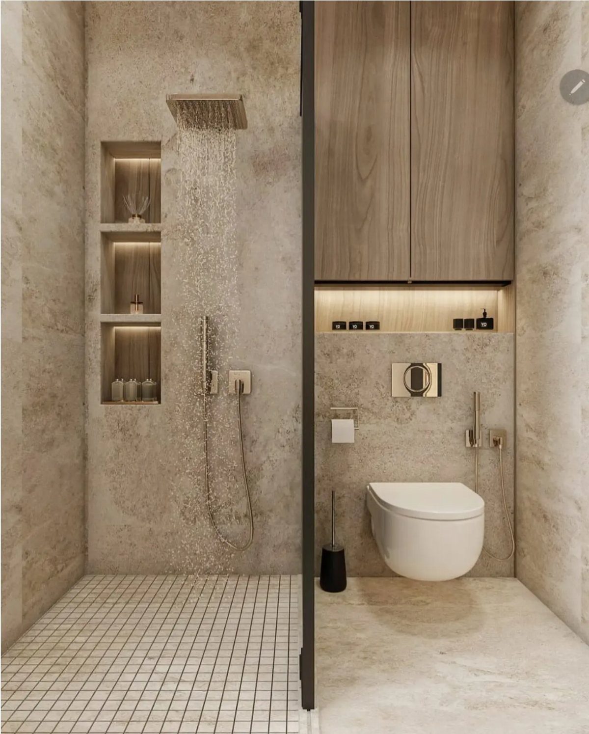 Modern walk-in shower with a built-in illuminated vertical niche and stone walls.
