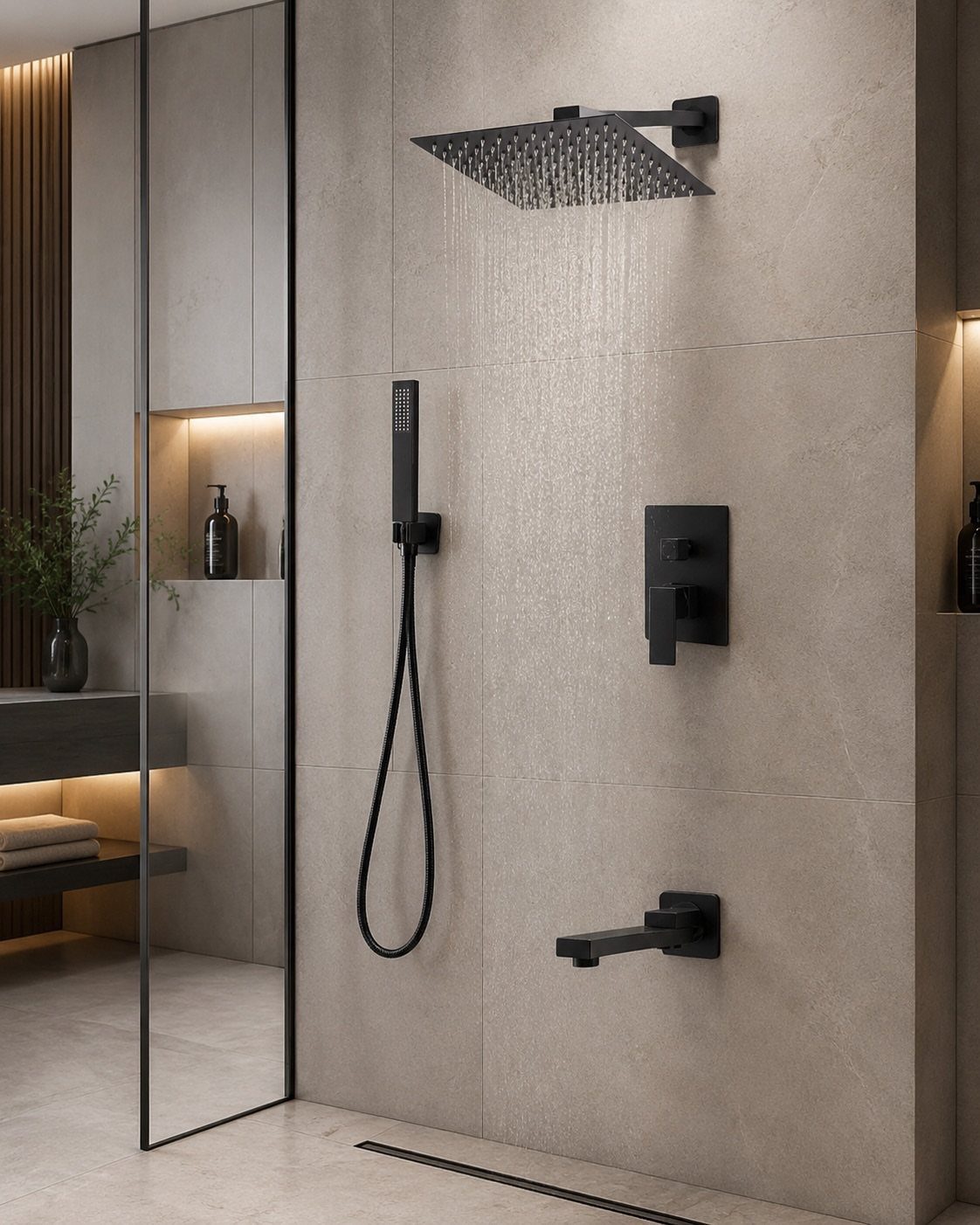 Matte black rain showerhead and fixtures on light grey stone tiled walls.