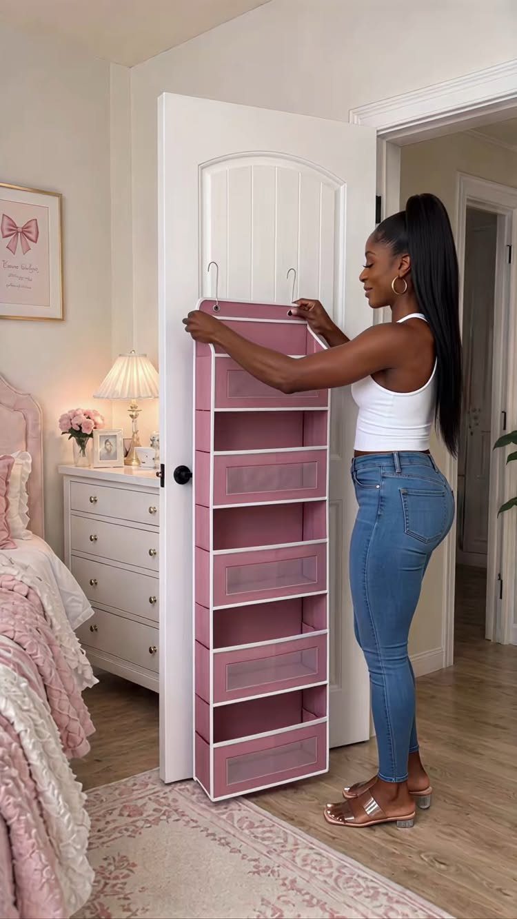 Woman adjusting a pink hanging pocket organizer on the back of a white door.