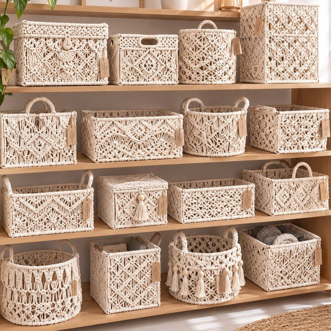 Woven cream baskets of various sizes organized on light wood open shelving units.