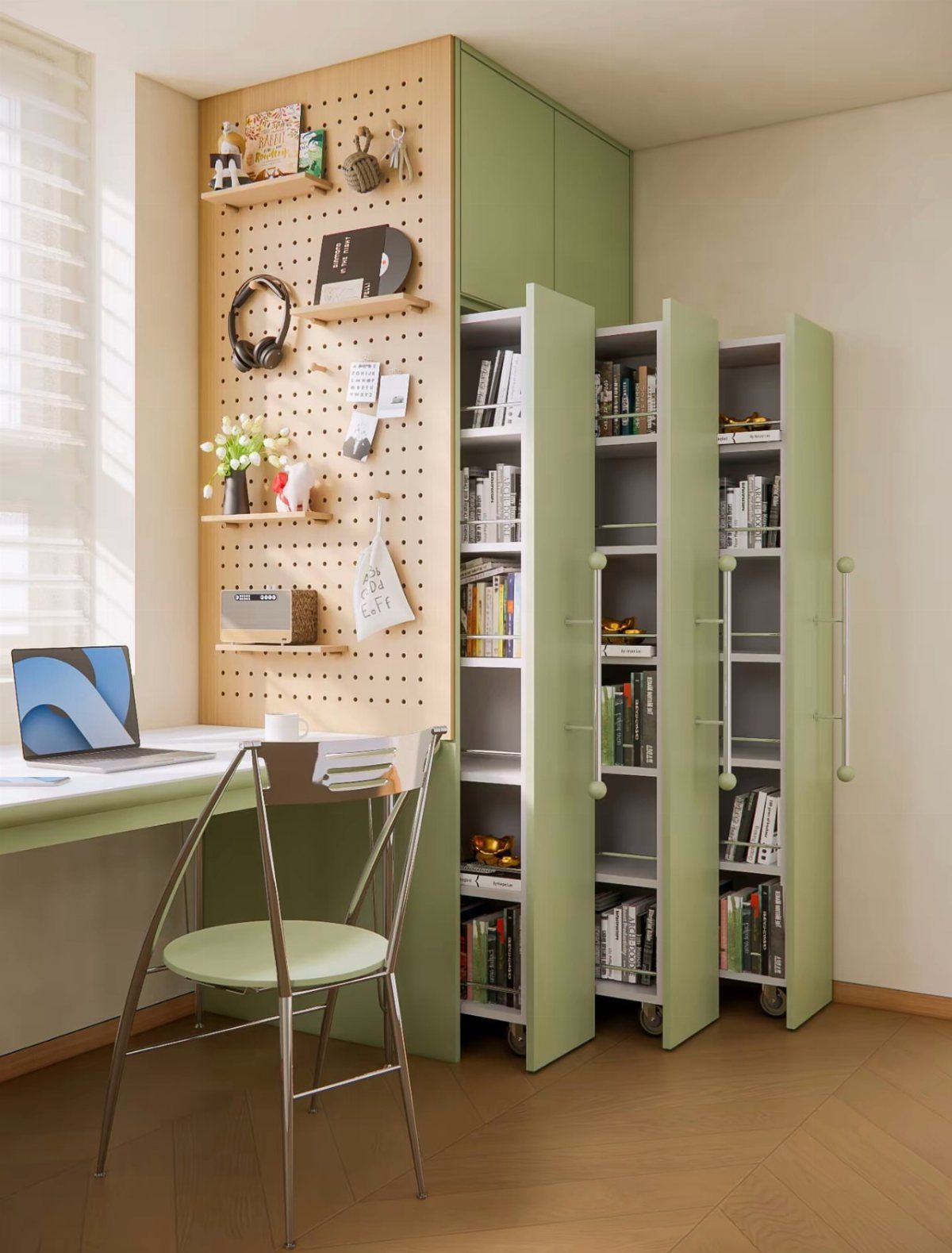 Vertical storage unit with pull-out shelves and a wooden pegboard in a studio.