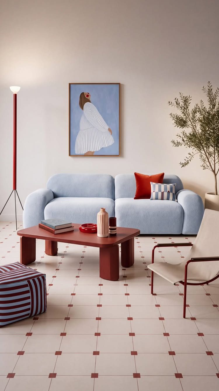 Modern living room with a light blue sofa and red accents on white walls.