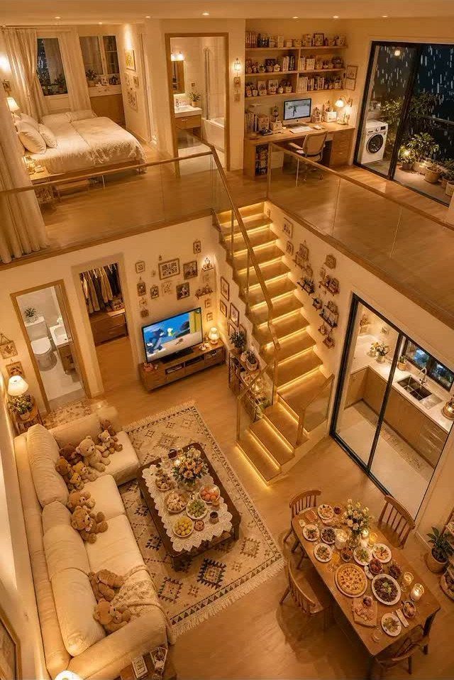 Two-story studio apartment with a loft bedroom and open-concept living and dining area.