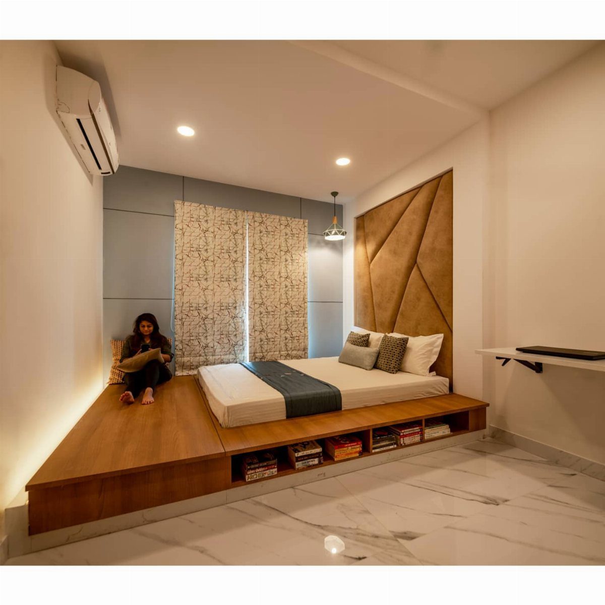 Raised wooden platform bed with built-in storage shelves and a brown upholstered headboard.