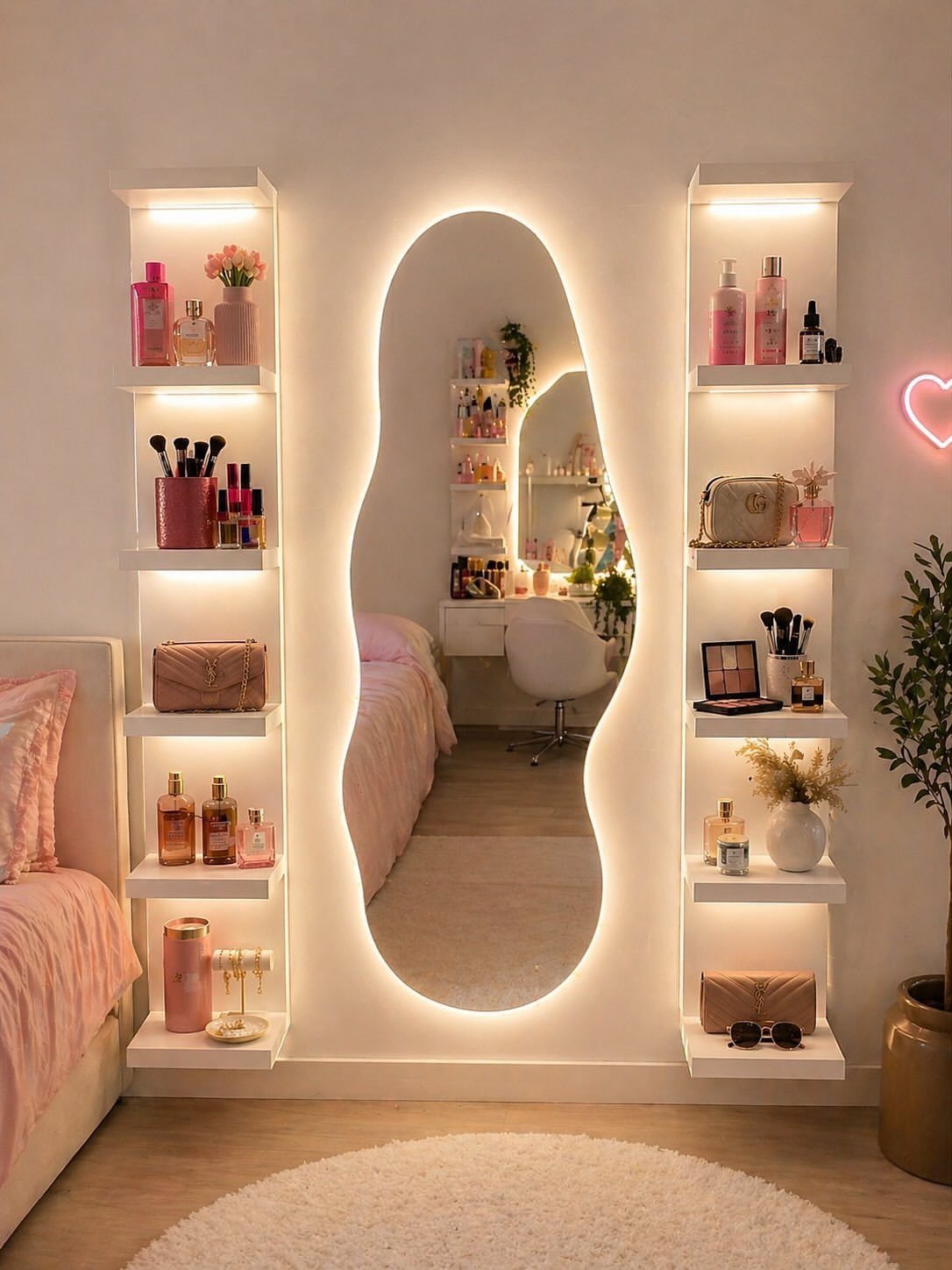 Backlit irregularly shaped full-length mirror flanked by white floating shelves with beauty products.