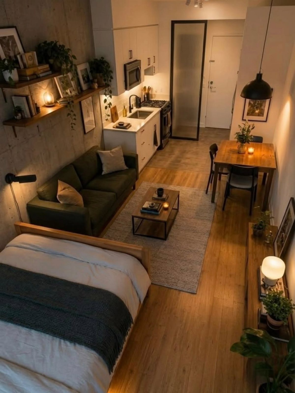 Studio apartment interior with a green sofa, wooden furniture, and neutral tones.