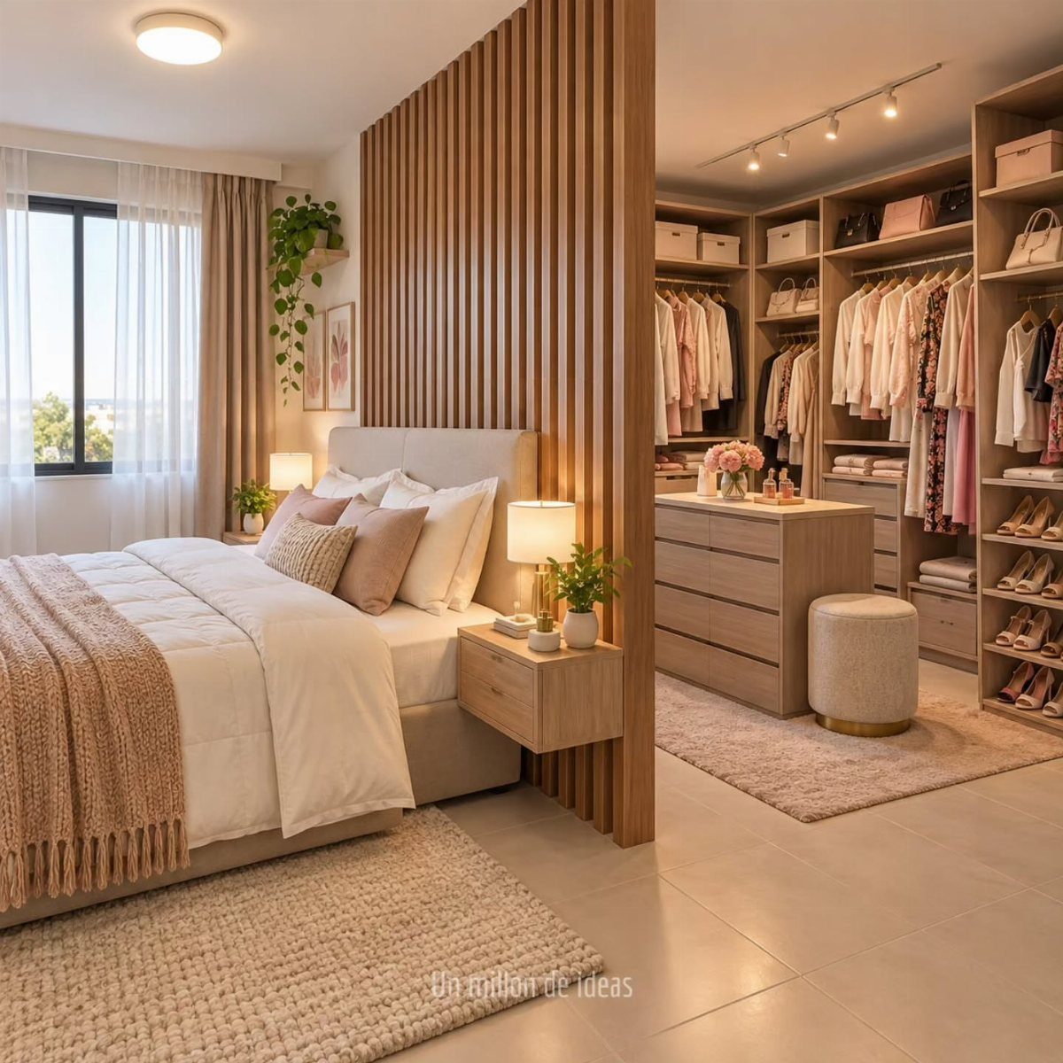 Bed with beige linens separated from a walk-in closet by wooden slat divider