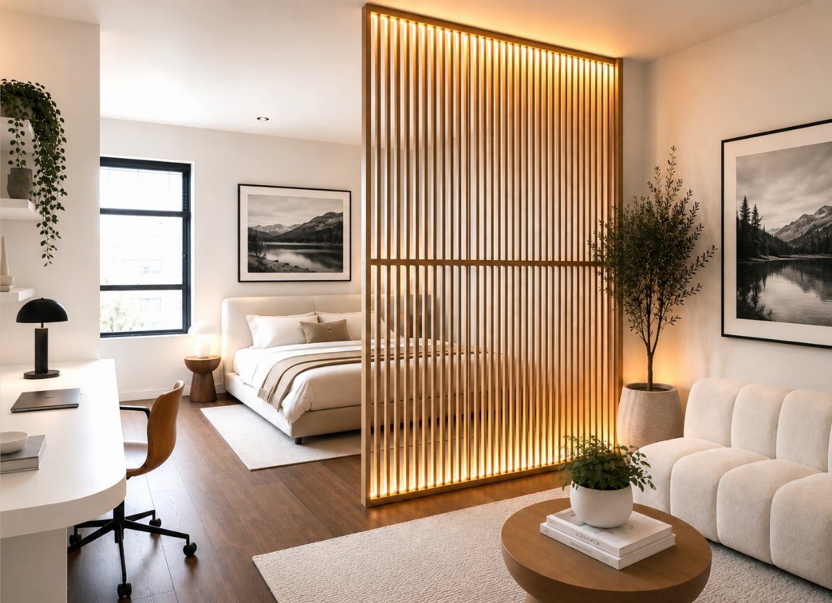 Wooden slatted room divider separating a bedroom and living area in a studio.