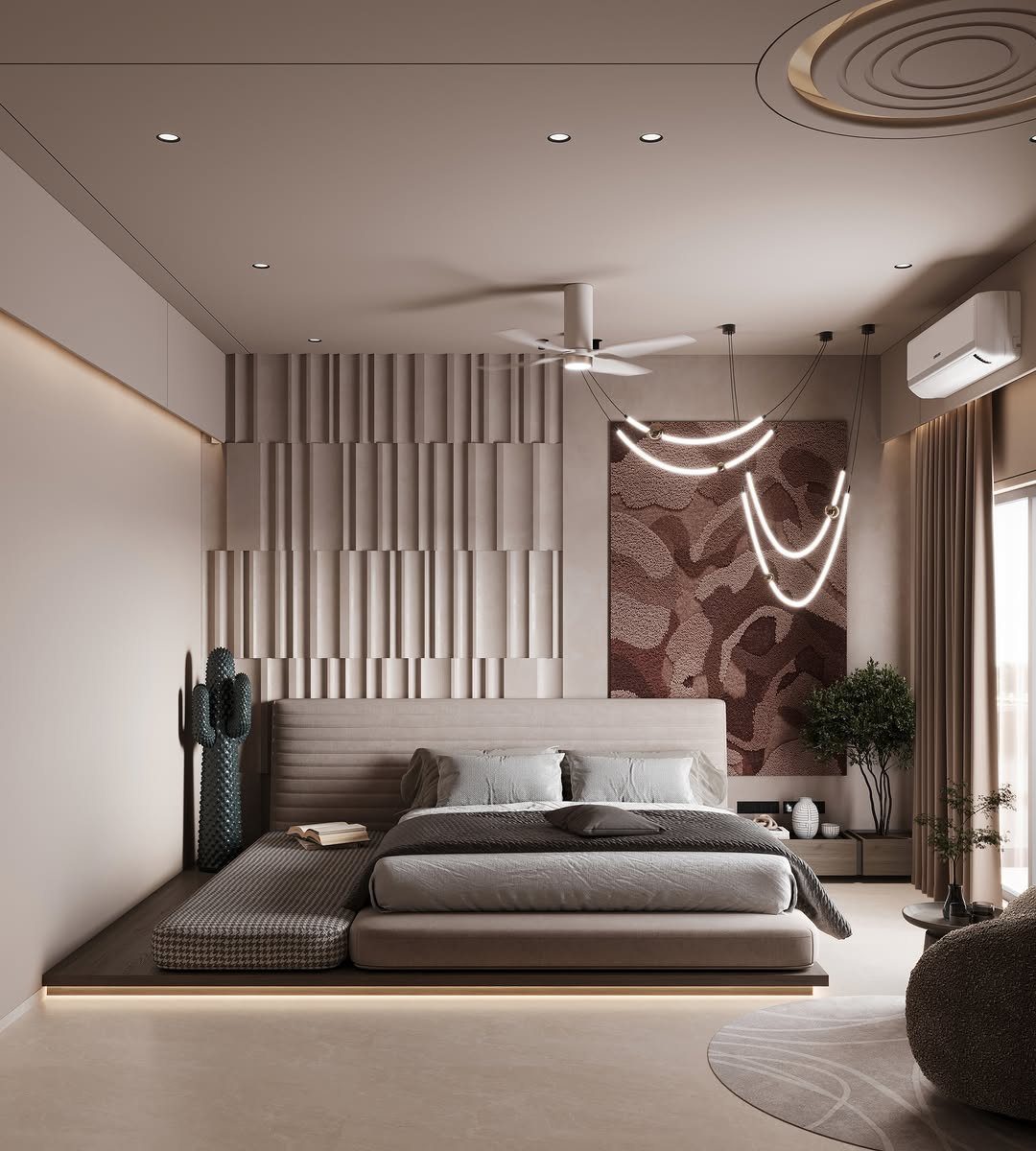 Modern bedroom with a low bed, textured wall panels, and abstract art.