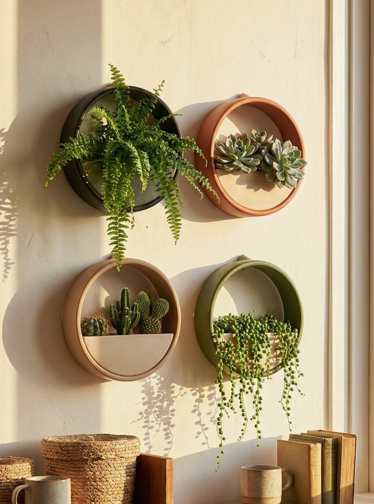 Four circular wall-mounted planters with various green plants on a sunlit wall.