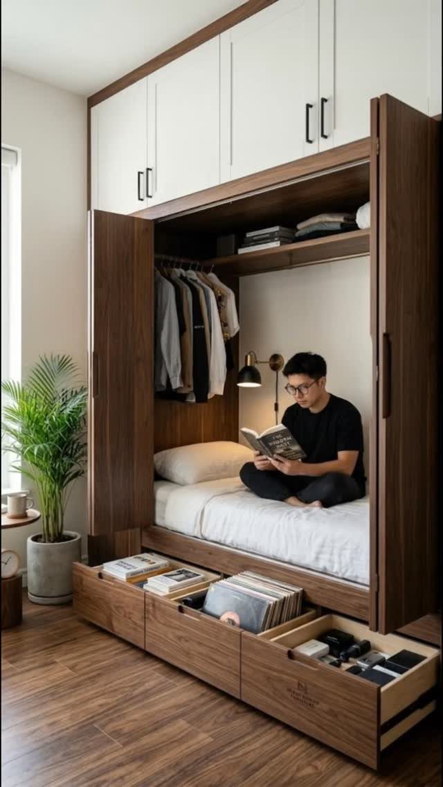 Man reading in a bed tucked into a wooden alcove with storage drawers