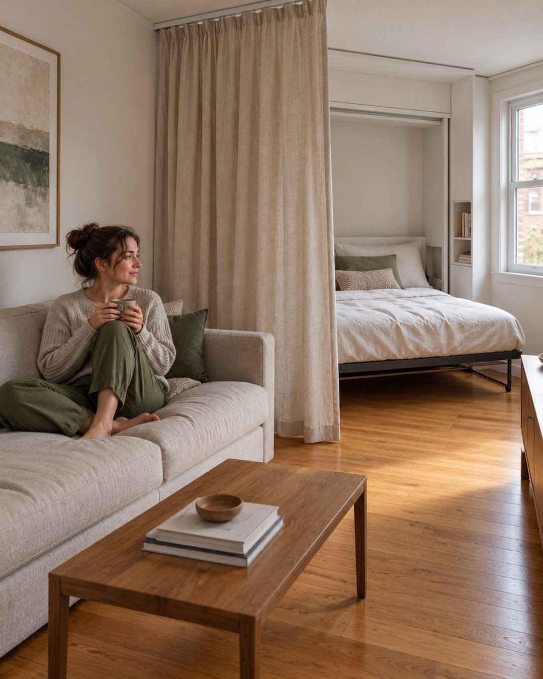 Beige ceiling-mounted curtain separating a living area with a sofa from a bedroom.