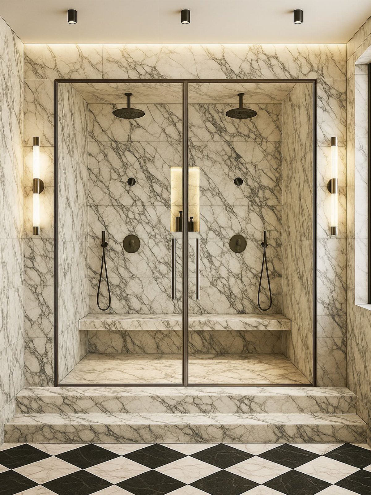 Marble walk-in shower with black fixtures and black and white checkered floor tiles.
