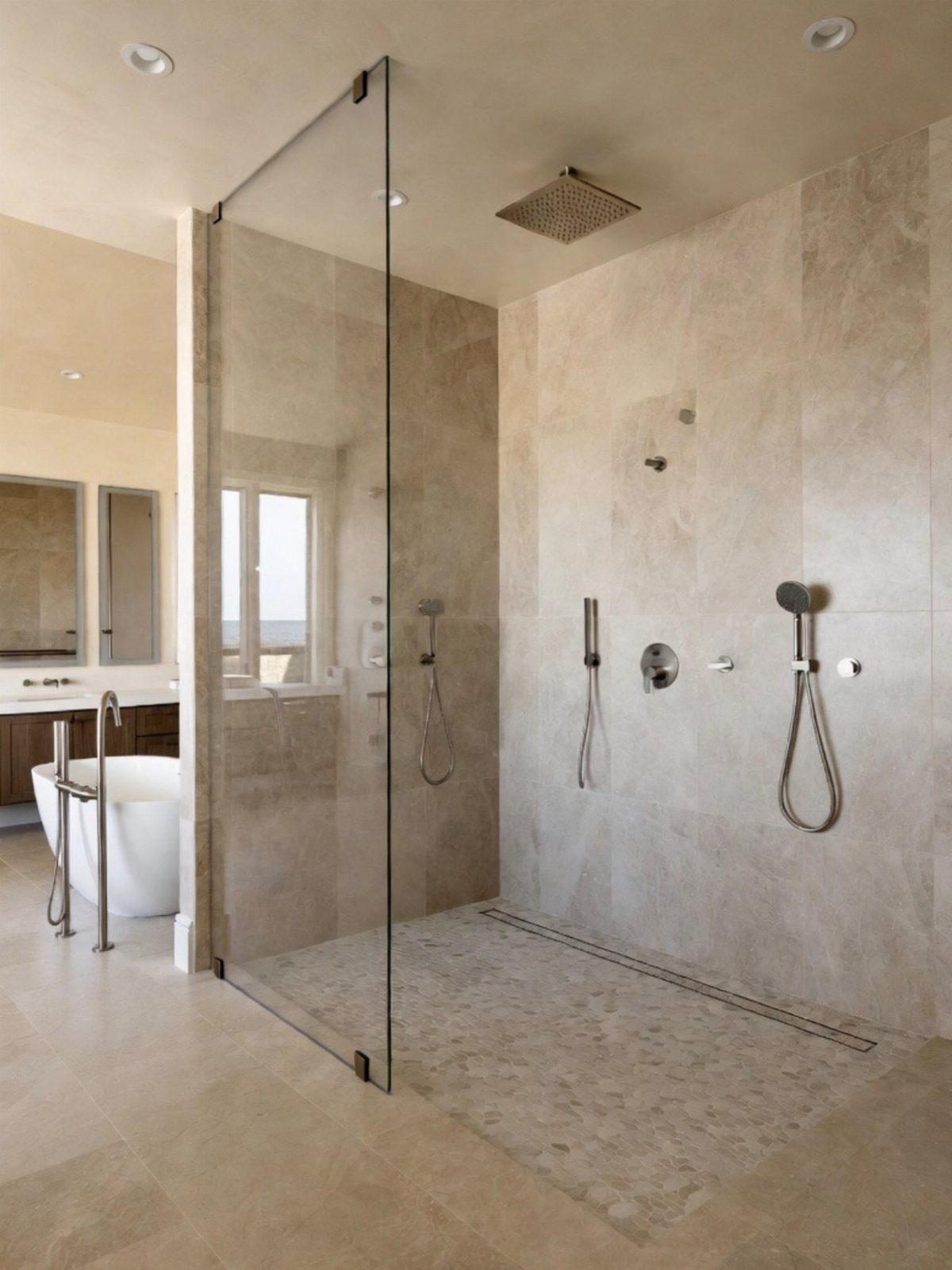 Curbless walk-in shower with beige stone tiles and frameless glass partition in bathroom