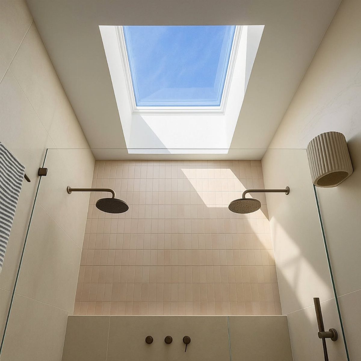Modern walk-in shower with beige tiles and a large skylight showing blue sky.
