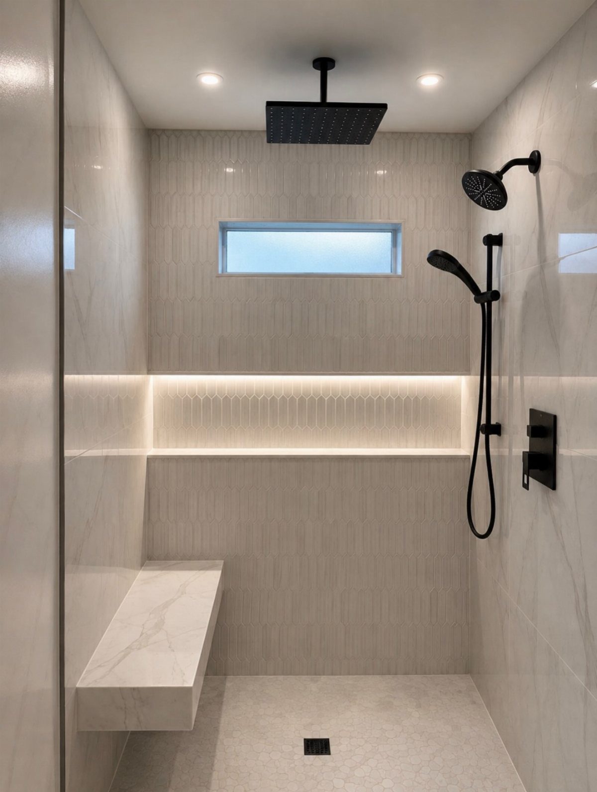 Modern walk-in shower featuring a long illuminated recessed shower niche and marble bench.