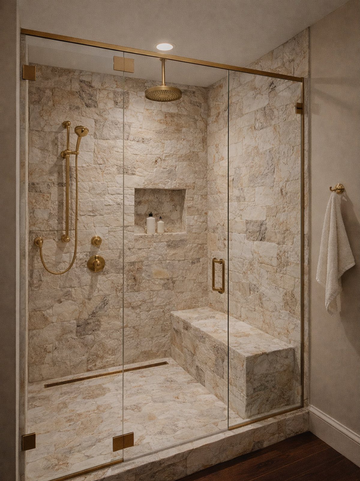 Marble walk-in shower featuring a built-in stone seat and gold fixtures.