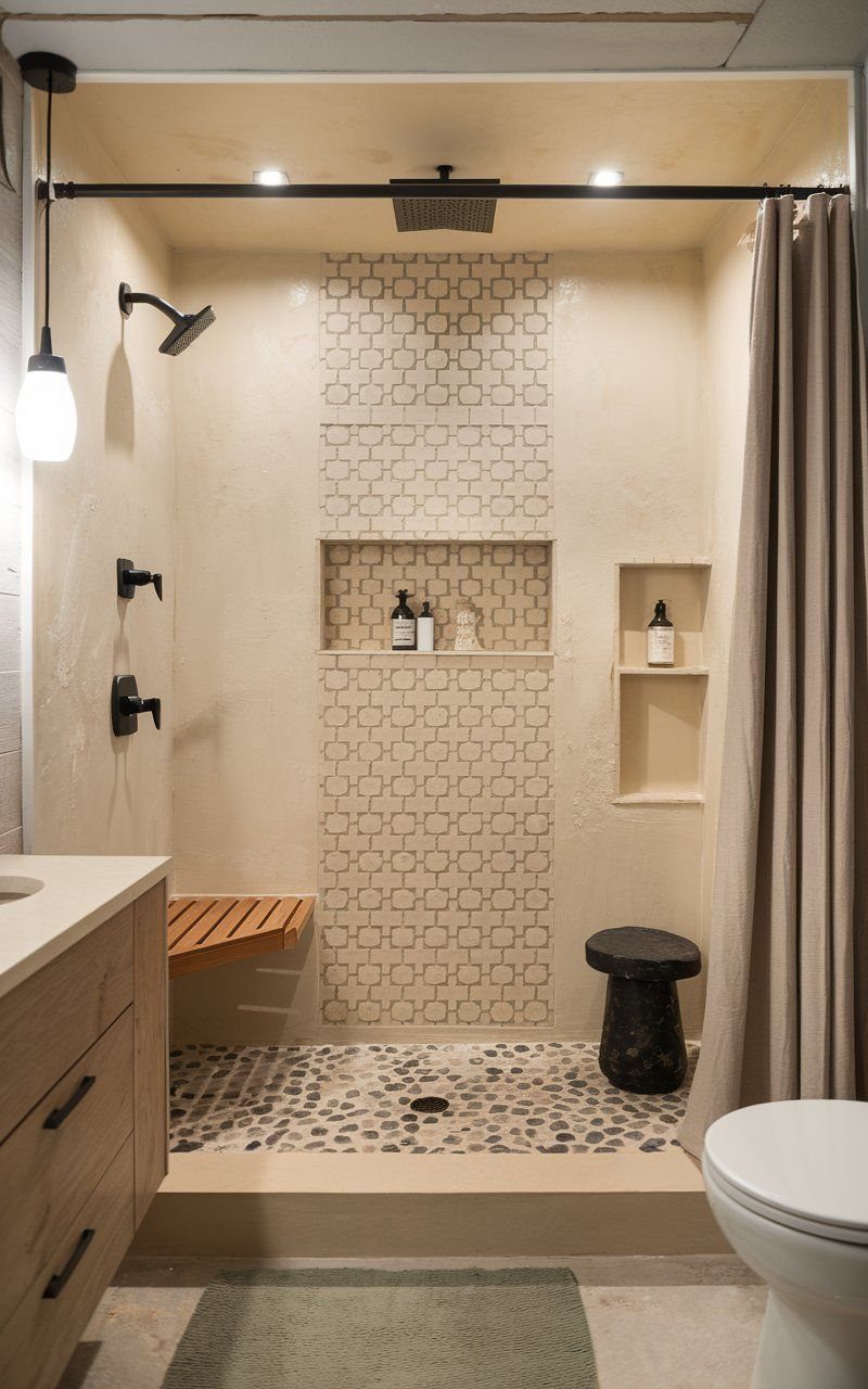 Walk-in shower featuring a wooden slatted wall bench and a pebble floor.