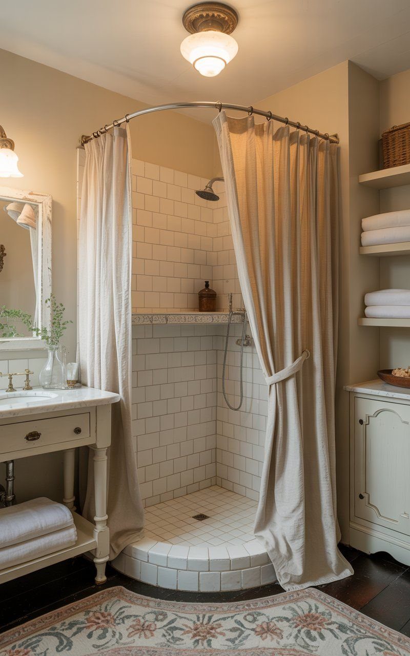 Curved shower rod with beige curtains in a white tiled walk-in shower.