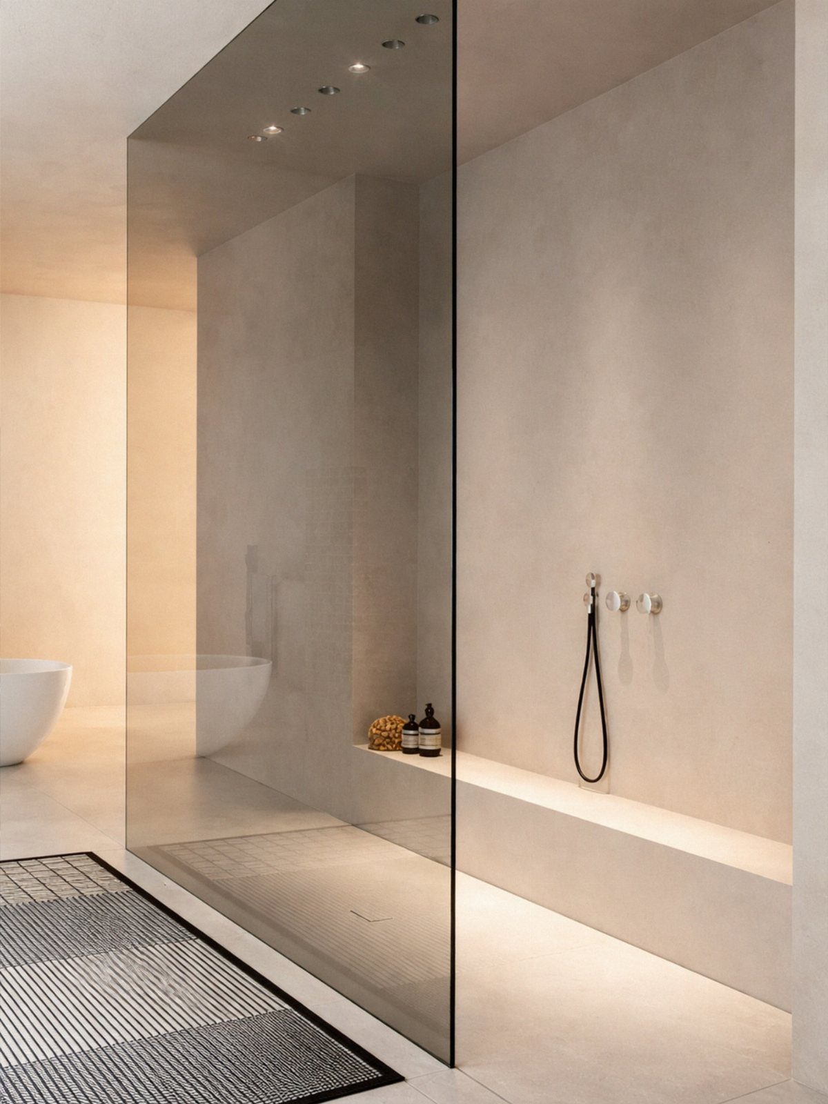 Built-in stone shower bench with under-lighting in a modern beige walk-in shower