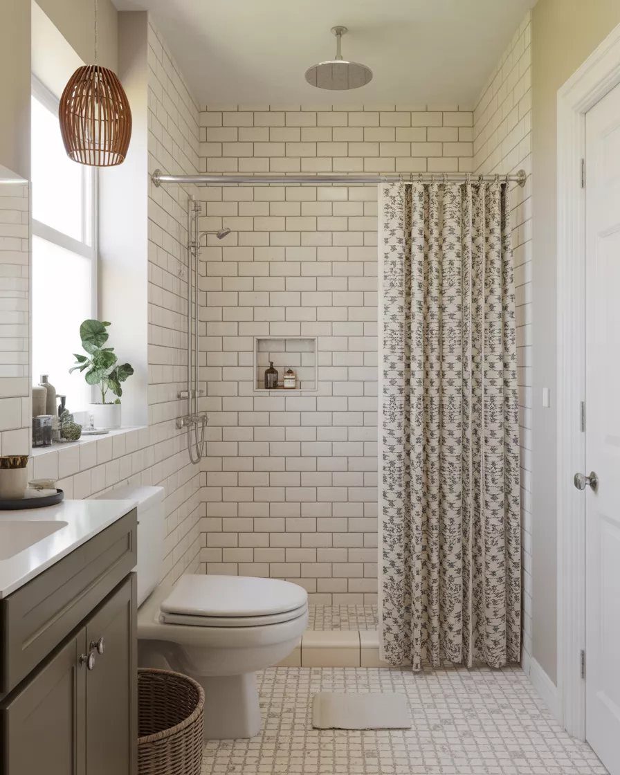 Patterned shower curtain enclosing a walk-in shower with white subway tile walls.